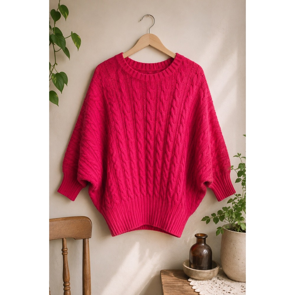 Hot Pink Cable Knit Batwing‎ Dolman Sweater Oversized Cottagecore Cozy Size M